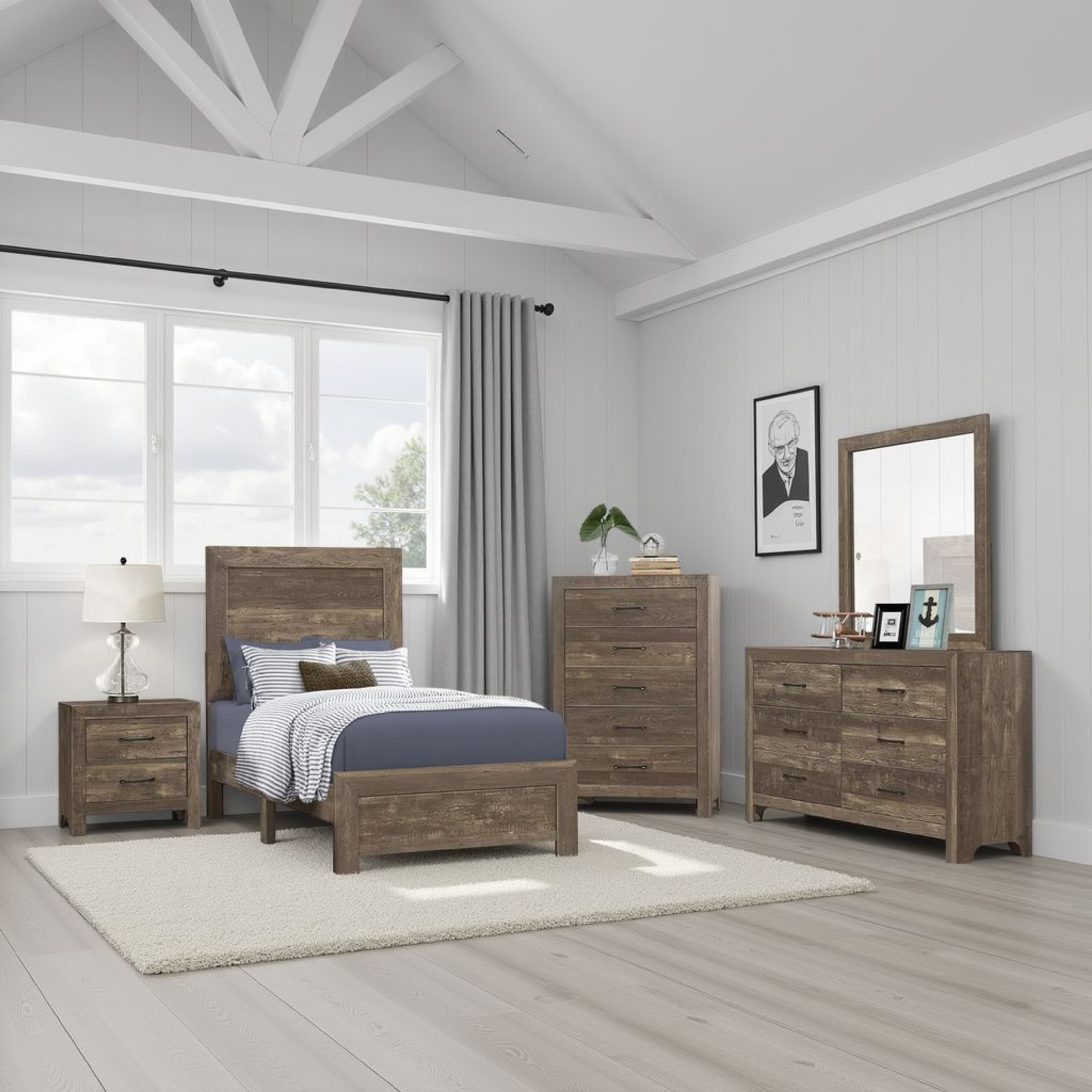 Benjara Ko Three Piece Full Size Bedroom Set, Panel Detailings, Black Metal Handles, Rustic Brown