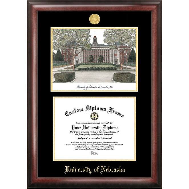 University of Nebraska 11w x 8.5h Gold Embossed Diploma Frame with Campus Images Lithograph