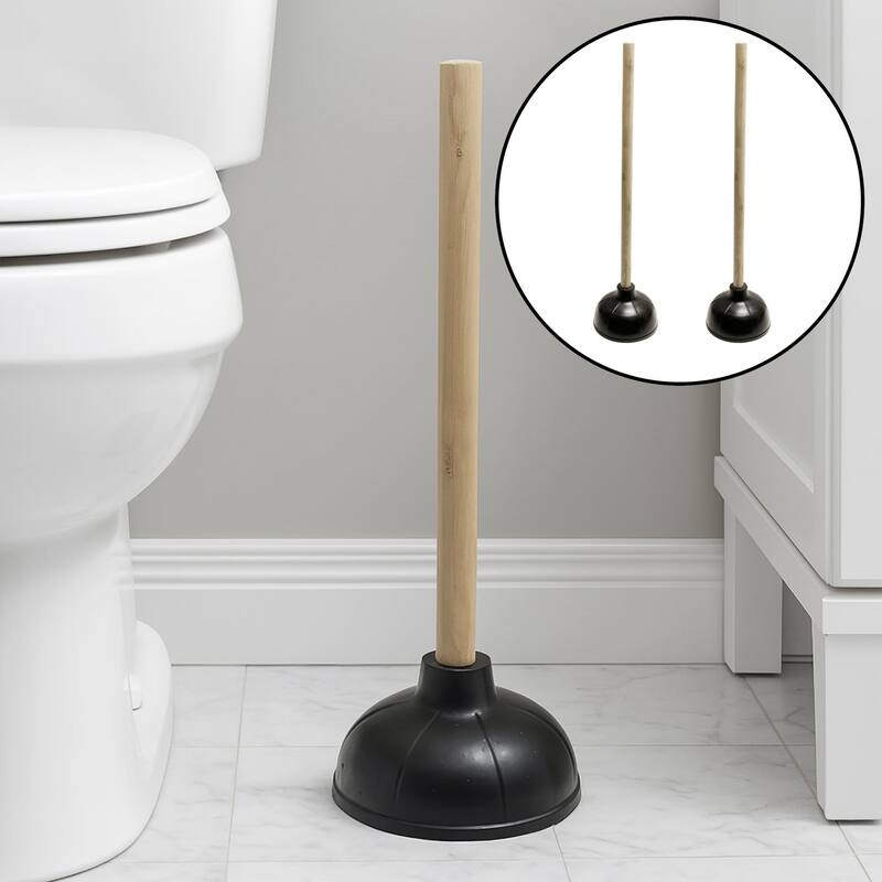 Heavy Duty Toilet & Sink Bathroom Plunger with Wooden Handle - Set of 2 - 2 Piece Set - Black - 2 Piece Set