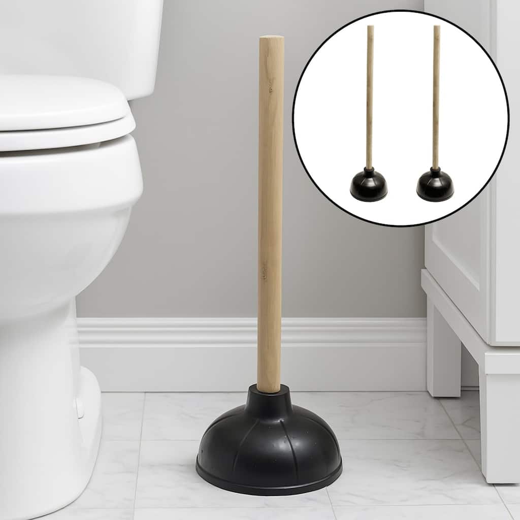 Heavy Duty Toilet & Sink Bathroom Plunger with Wooden Handle - Set of 2 - 2 Piece Set