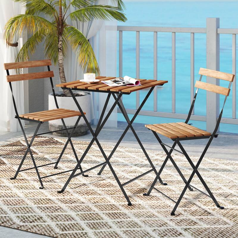 Costway 3 PCS Patio Acacia Wood Bistro Set Bistro Table with 2 Folding - See Details
