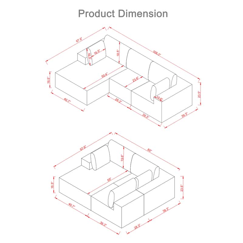 108.3" L Shape Corduroy Modular Cloud Sofa in Reddish Brown