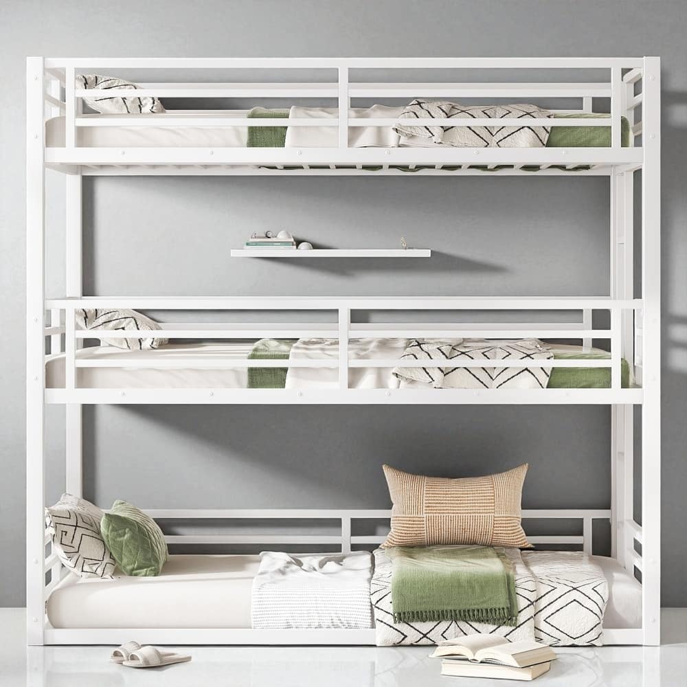 Metal Triple Bunk Bed Twin/Full/Twin XL/Queen with Safety Guardrails, Noise-Free Slats, Heavy Duty Frame