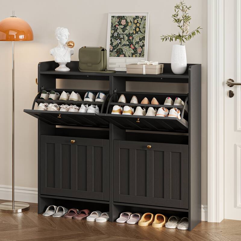 Shoe Cabinet with Flip Drawers, Slim Shoe Storage Cabinet for Entryway, Freestanding Narrow Rack with Open Storage - Black - 4 Flip Drawer