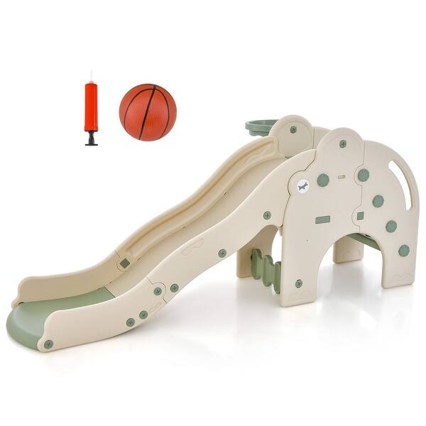slide 2 of 6, Freestanding Toddler Slide Baby Climber Playset w/Basketball Hoop&Ball Green + White