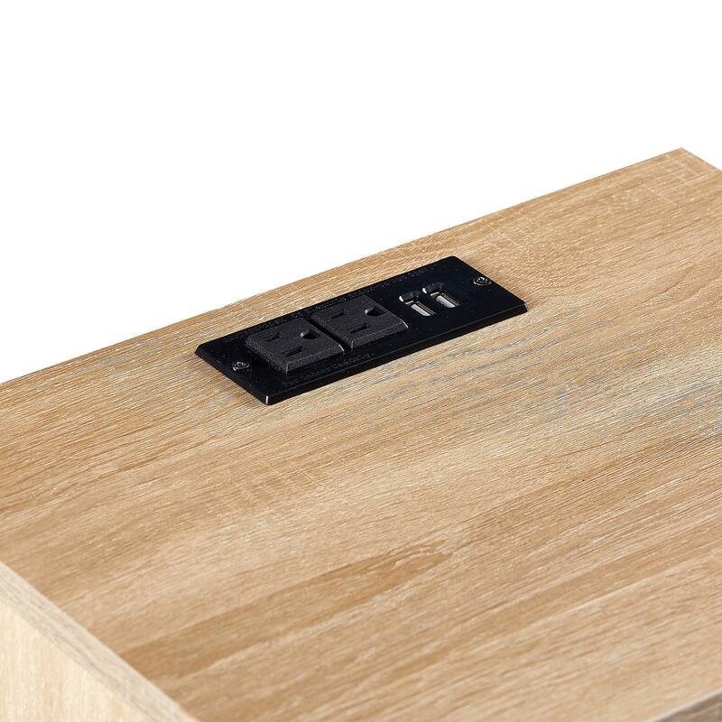 15.75" Rattan End table with Power Outlet & USB Ports, nightstand with drawer and solid wood legs, side table