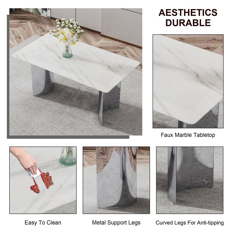 Kitchen Rectangle Dining Table Set for 4, 63" Faux Marble Glass Table with Stainless Steel Legs and PU Upholstered Chairs