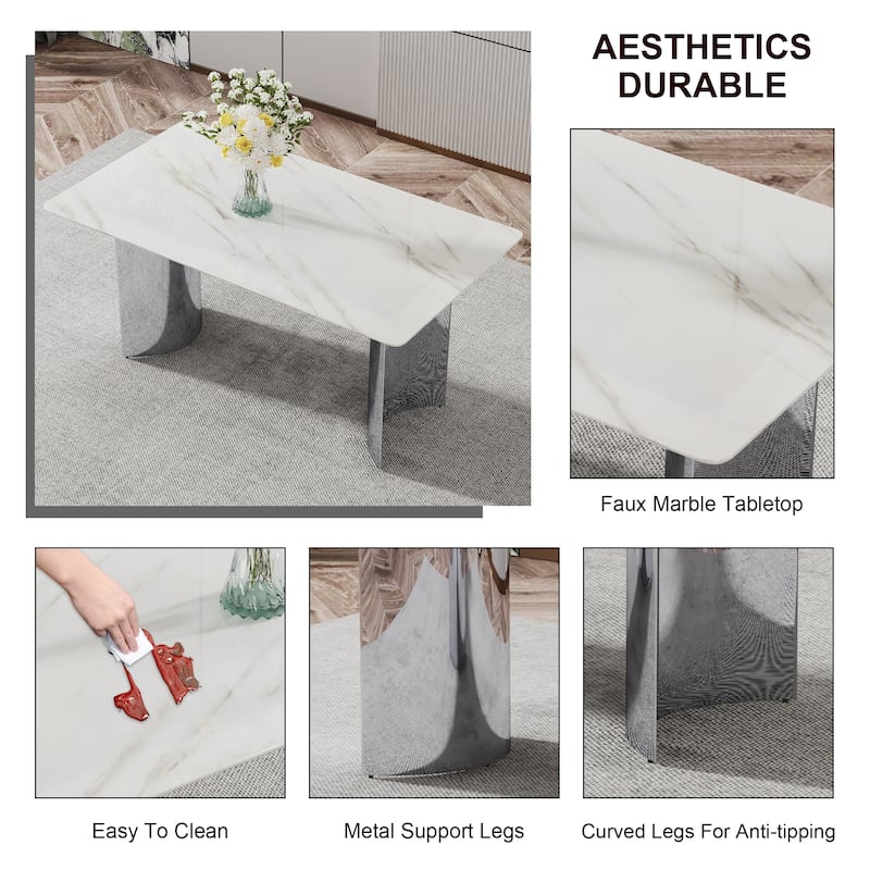 Modern 7-Piece Dining Table and Chair Set, 63" Faux Marble Glass Table with Stainless Steel Legs and PU Dining Chair