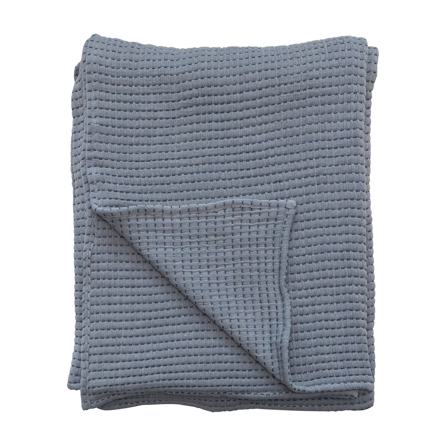 Cotton Kantha Stitched Bed Cover with 2 Quilted Standard Shams, Queen, Set of 3 Pieces Bed