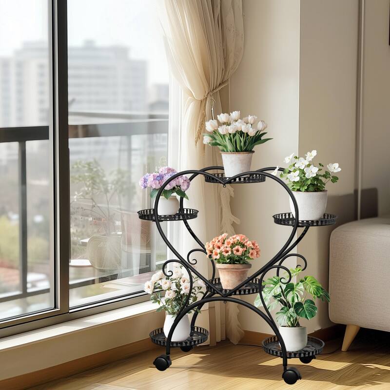 6 Potted Heart Shape Metal Plant Stand Rolling Flower Pot Organizer Display Rack