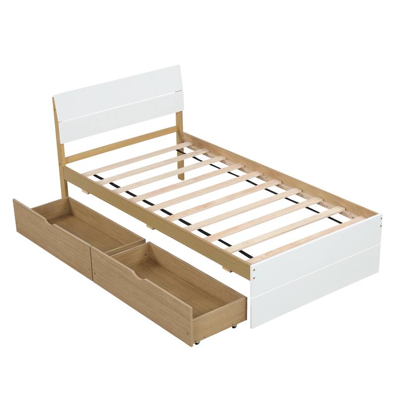 Twin Size Wooden Platform Bed Frame with Headboard & 2 Storage Drawers