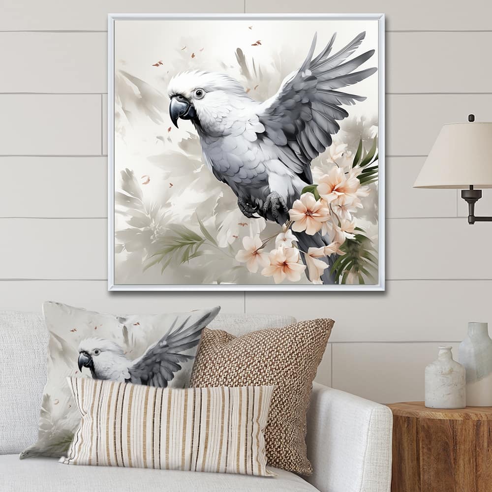 Designart "Grey Parrot In Flight II" Parrot Grey Wall Decor - Modern Hallway Framed Wall Art Decor