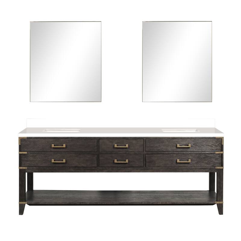 Norwalk 60 in W x 22 in D Black Oak Double Bath Vanity, White Quartz Top, and 28 in Mirrors