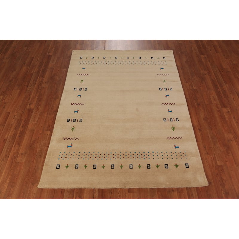 Tribal Gabbeh Oriental Area Rug Hand-Knotted Yellow Wool Carpet - 4'9" x 6'6"