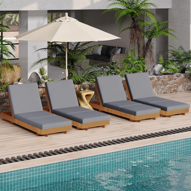 Christopher Knight Home - Kim Lounge Chaise Modern Outdoor Solid Wood Set with Triple-Fold Lounge Cushion - Dark Grey + Set of 4 + Triple Folds