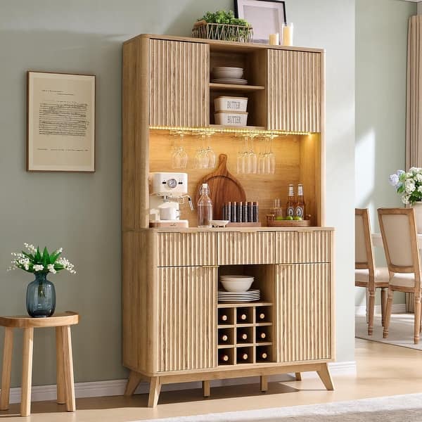slide 2 of 21, 72" Wine Bar Cabinet, Modern Wood Coffee Bar Cabinet with LED Lights - N/A Natural Oak