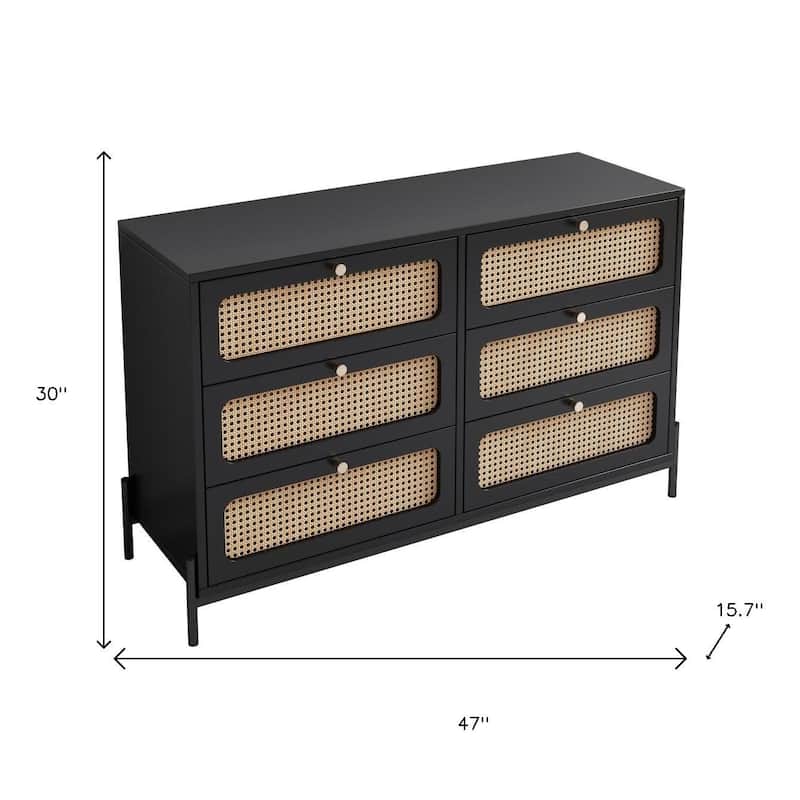 HomeRoots 47" Black Wood And Rattan Six Drawer Double Dresser