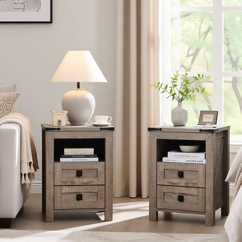 Farmhouse Nightstand Set of 2 with Charging Station, End Table - Grey