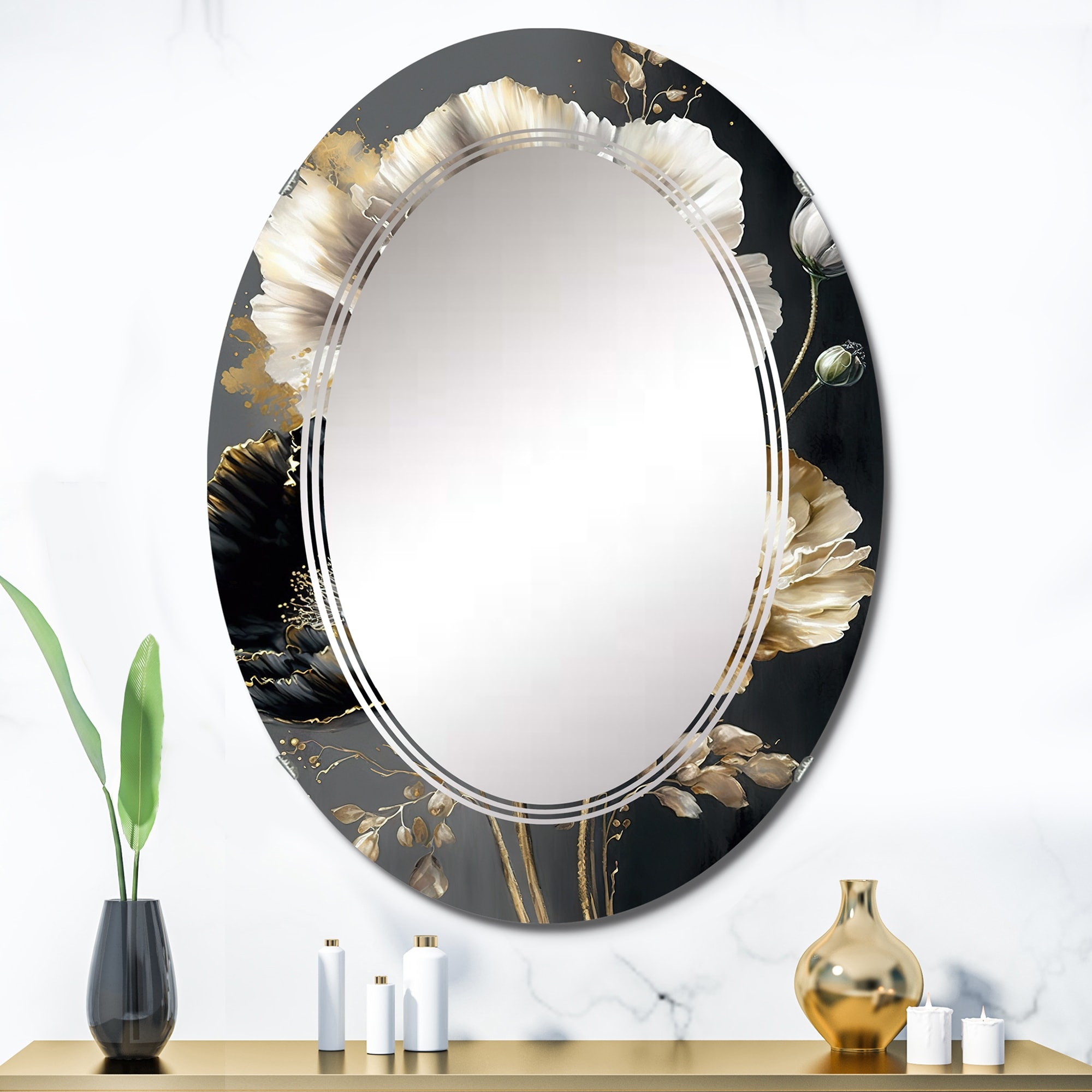 Designart 'Grey Gold Flower Bouquet I' Printed Floral Wall Mirror