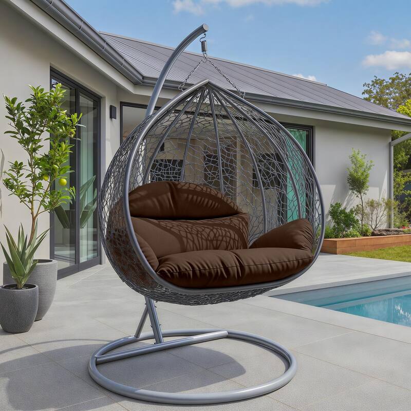 2-Person Egg Swing Chair with Grey Stainless Steel Frame, Cushioned 2-Seater Porch Swing for Outdoor and Indoor Use