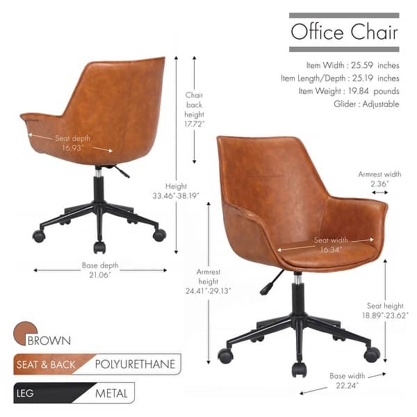 dimension image slide 2 of 3, Porthos Home Jamar PU Leather Office Chair with Metal Roller Base