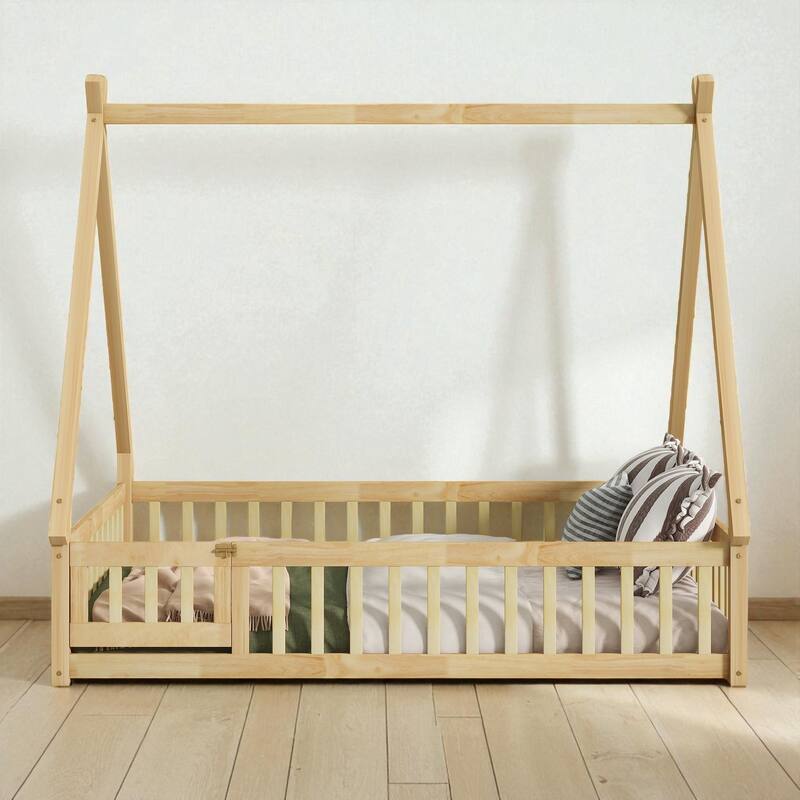 Full Size Rubber Wood Teepee Floor Bed with Guardrails, Slats and Door for Kids Bedroom - Natural - Full