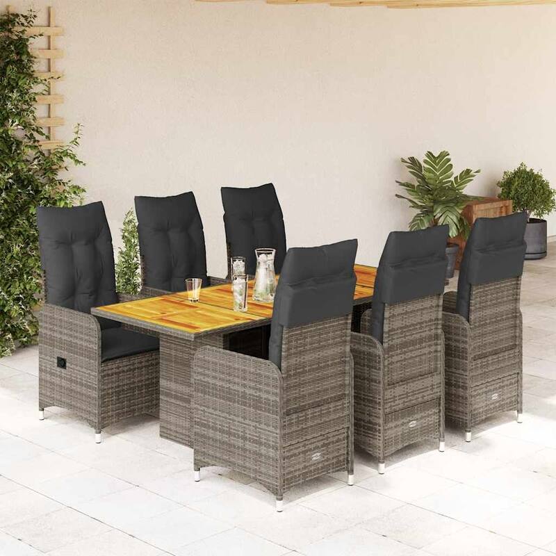 vidaXL Bistro Set Grey PE Rattan, Steel Frame, Acacia Wood 6-Seater - 21.5 x 23.0 x 36.2 in
