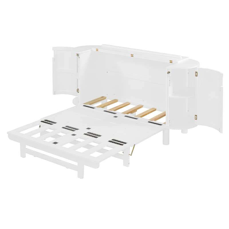 Queen Size Murphy Bed with Hidden Storage, Side Cabinets, and Woven Drawer Design, Space-Saving Foldable Bed