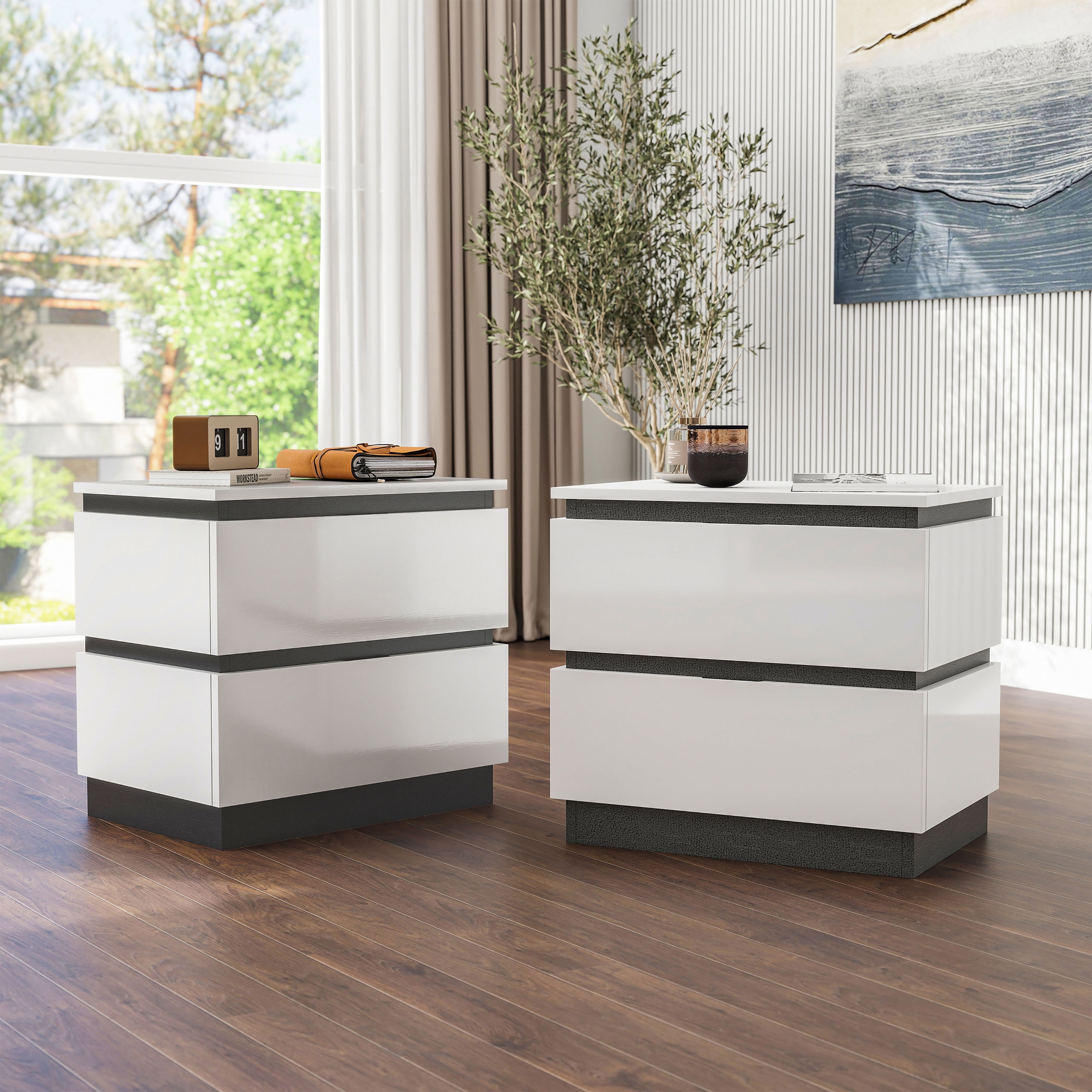Furniture of America Conjira Modern White Wood Nightstand with USB Ports (Set of 2)