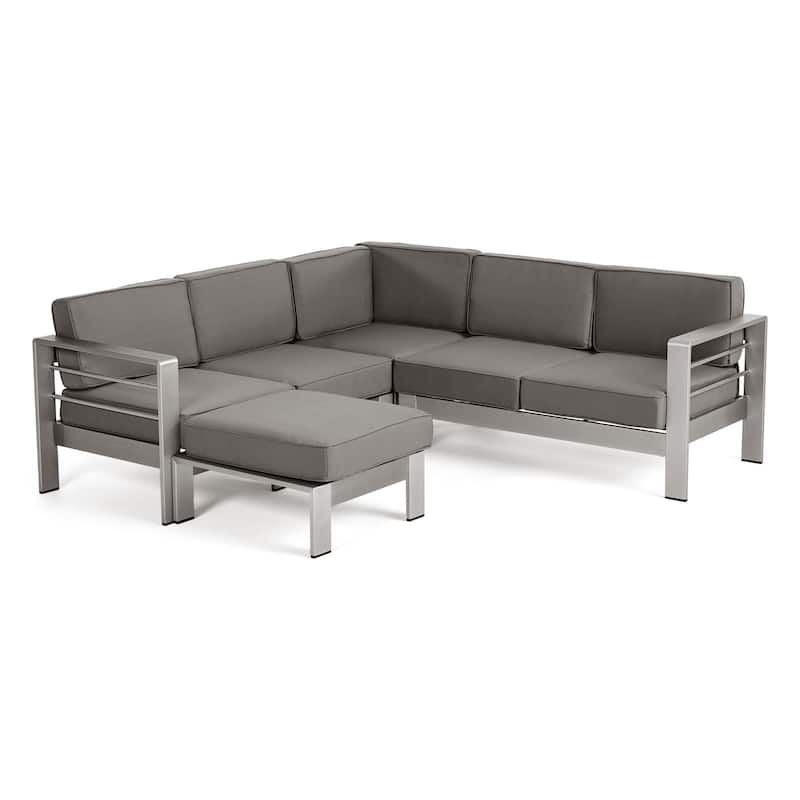 Cape Coral Outdoor 5-Seater V-Shape Aluminum Sectional Sofa Set with Ottoman by Christopher Knight Home