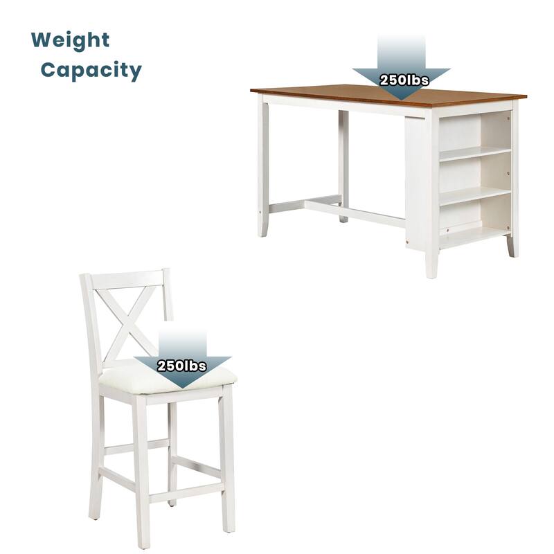 Dining Room Wooden Bar Table Set with 4 Chairs, Kitchen Table with Open Storage Shelves, Upholstered Chairs