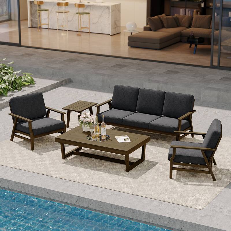 Modern Wood Cushioned Outdoor Patio Sofa Loveseat with Coffee Table - Sofa Set - Dark Grey