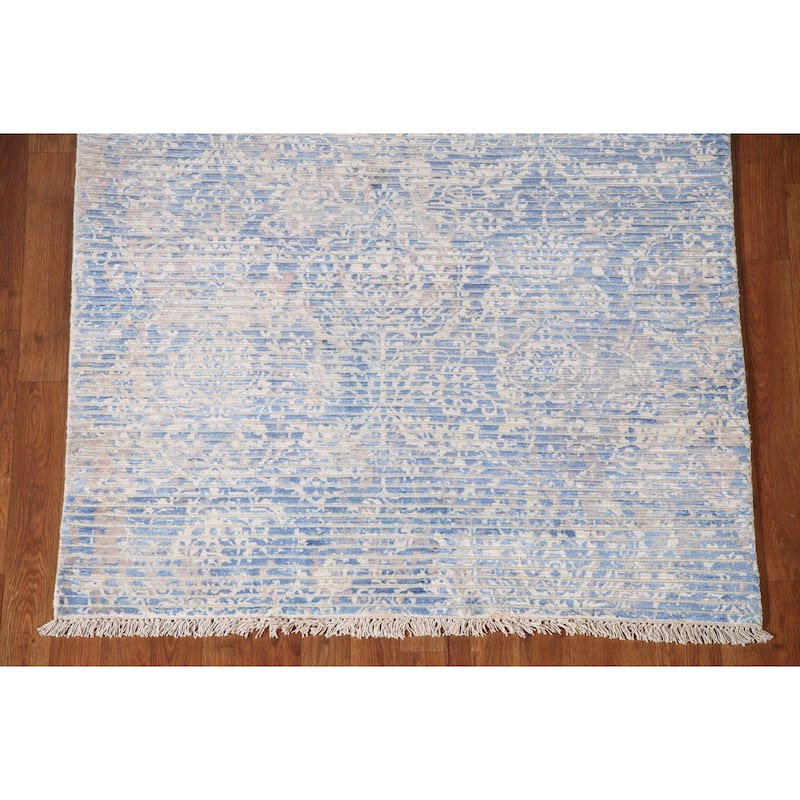 Striped Blue Abstract Modern Accent Rug Handmade Wool Carpet - 3'11"x 5'7"