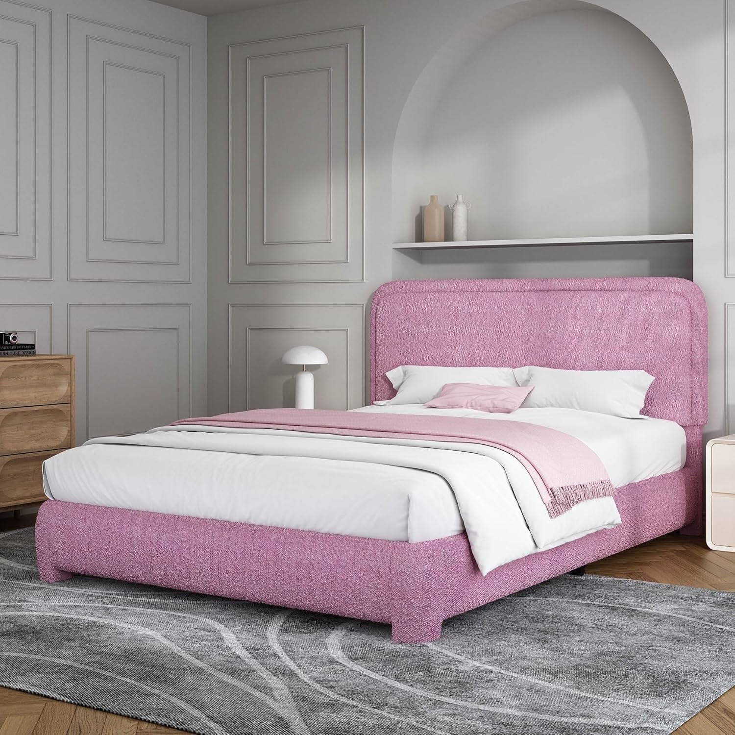 Full Size Upholstered Bed Frame with Headboard, Modern Design, Soft Rounded Corners, Easy Assembly, Rose Pink