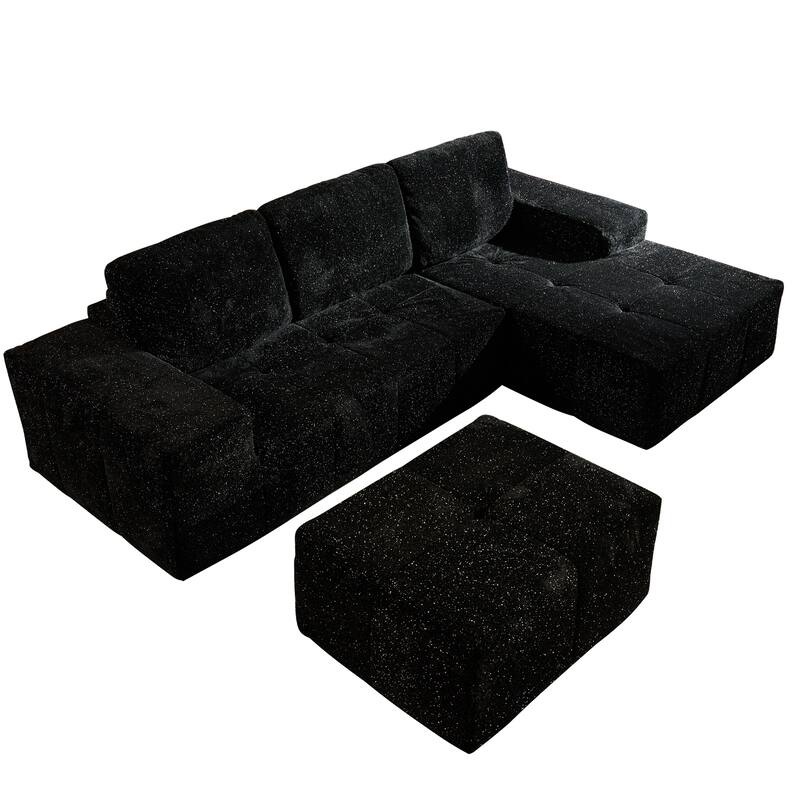HOOOWOOO Modern Sparkly Velvet Fabric Chaise Sofa Couch with Ottoman