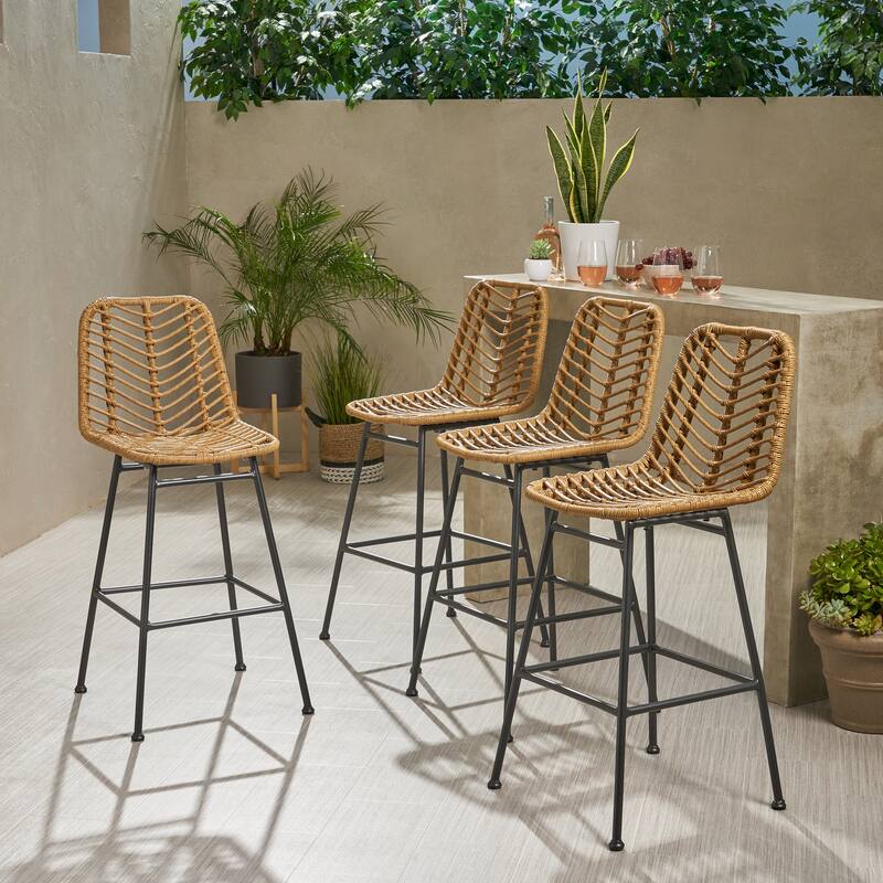 Sawtelle Outdoor Wicker Barstools (Set of 4) by Christopher Knight Home - Light Brown+Black