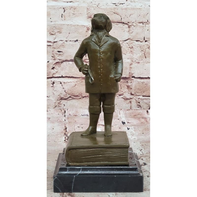Anthropomorphic Imitative Dog Bronze Sculpture On Book - Whimsical Scholarly Animal Art