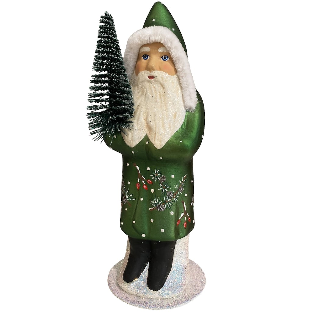 10.5” Paper Mache Santa in Matte Green Coat Christmas Candy Container