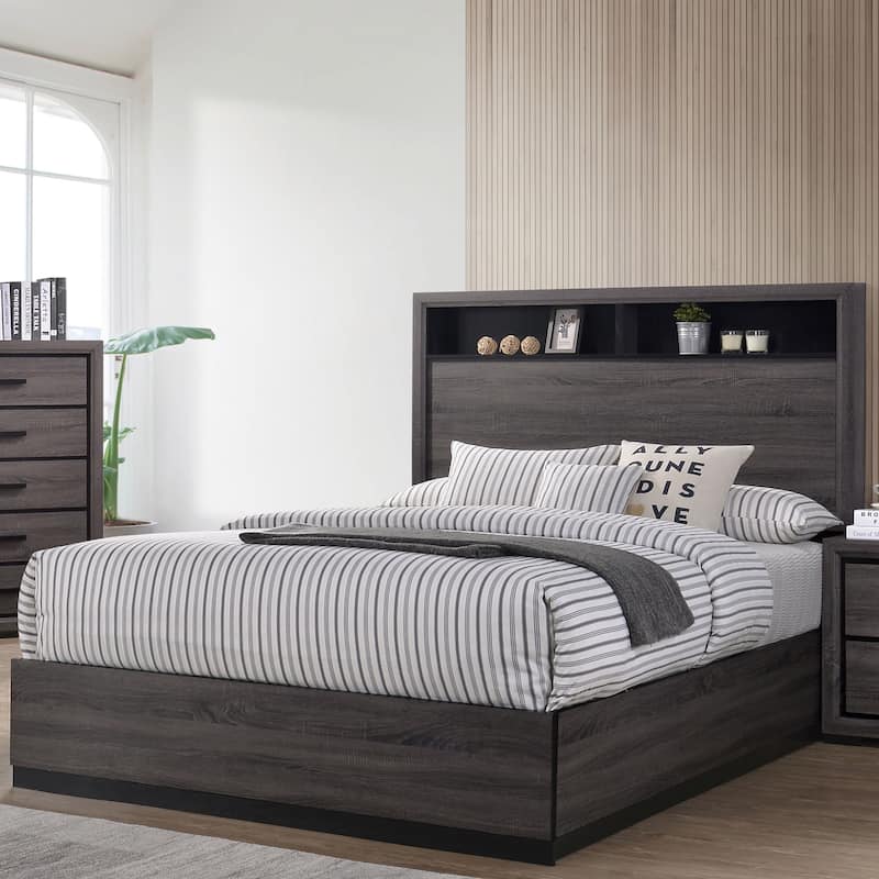 Rothwell Contemporary Grey Wood Wood 2-Piece Panel Bedroom Set with Shelves by Strick & Bolton