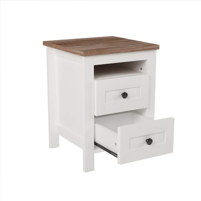 2-Drawer Farmhouse Style Nightstand, Sleek Lines Wood Bedside Table with Storage Shelf