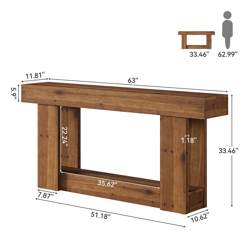 63 Inch Long Solid Wood Console Sofa Table with 2-tier Storage