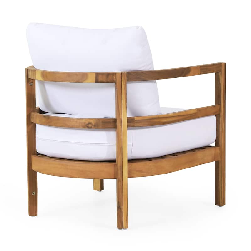 Roomfitters Outdoor Acacia Wood Patio Club Chair with Waterproof Cushions, Teak Finish, Deep Seating for Porch, Balcony, White