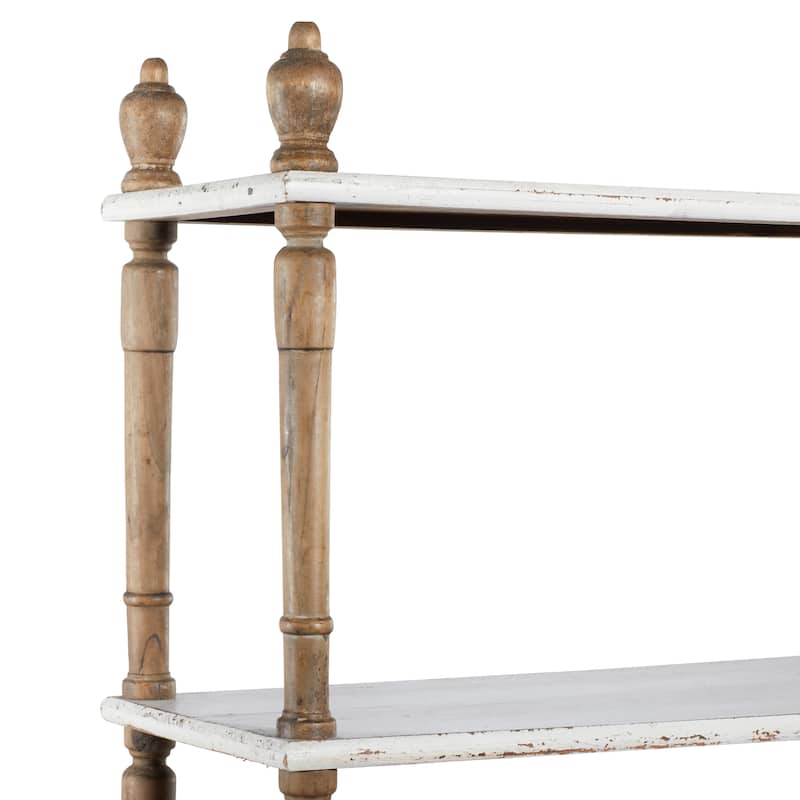Wood Distressed Turned 5 Shelf Shelving Unit with Brown Spindle Sides and Ball Feet - White - Roche River Decor