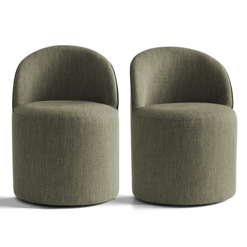 Olive Green Linen Rolling Upholstered Dining Chair with Wheels - Set of 2