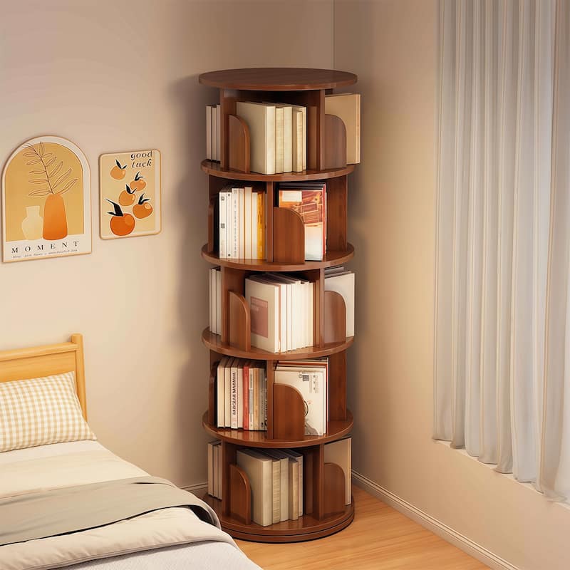 GDF Studio -Purling Modern 5-Tier Wood Rotating Bookshelf with 360-Degree Space-Saving Design