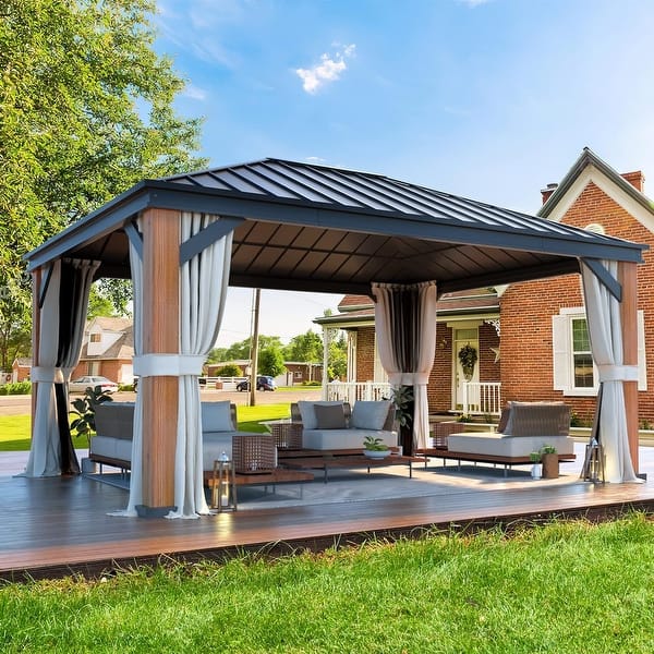 MELLCOM Louvered Pergola - 12x12 Aluminum Pergola With Adjustable Louvered Roof, Waterproof Curtains And Nets, Dark Grey