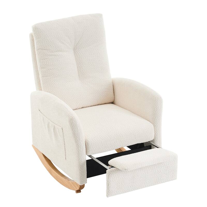 High Back Wood Rocking Chair with Footrest and Side Storage Pocket