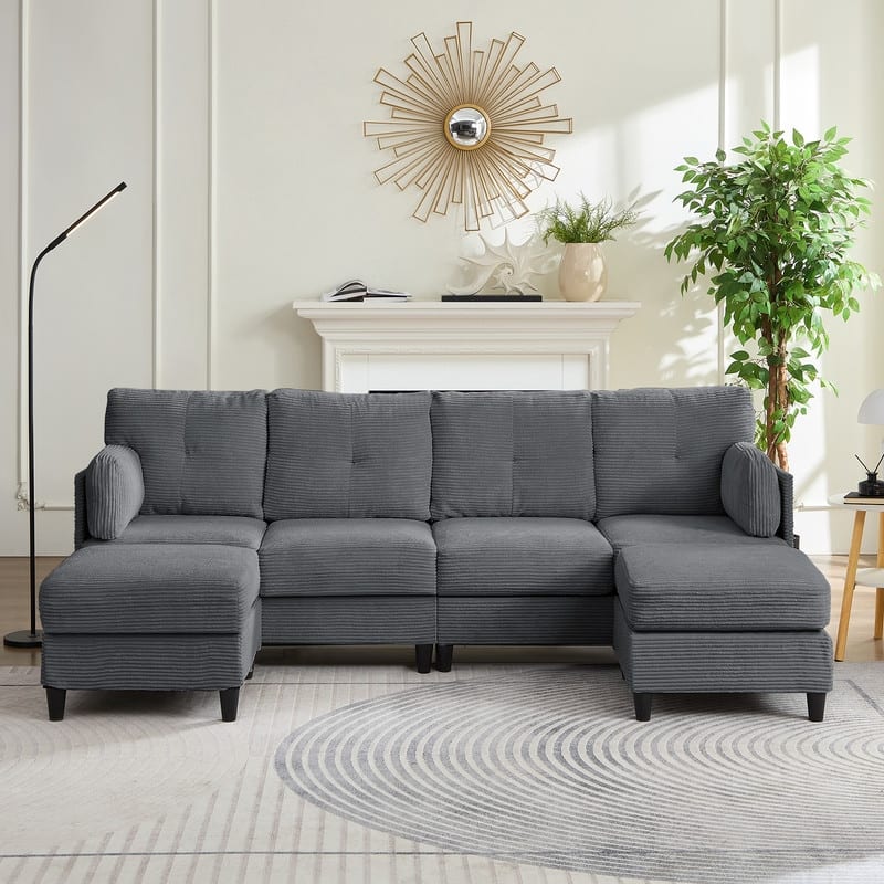 Mixoy W89inch U-Shaped Corduroy Sectional Sofa with Reversible Ottoman,Upholstered 4-Seater Sofa