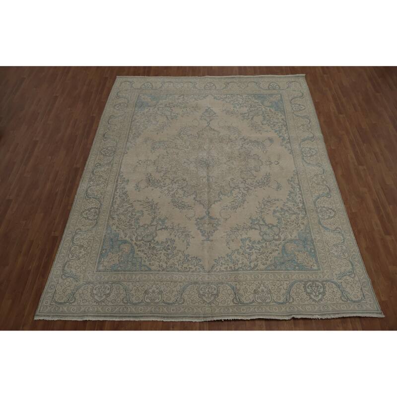 Hand Knotted Oriental 100% Wool Carpet Traditional Medallion Beige & Ivories Tabriz Area Rug - 12' 8'' X 9' 11''