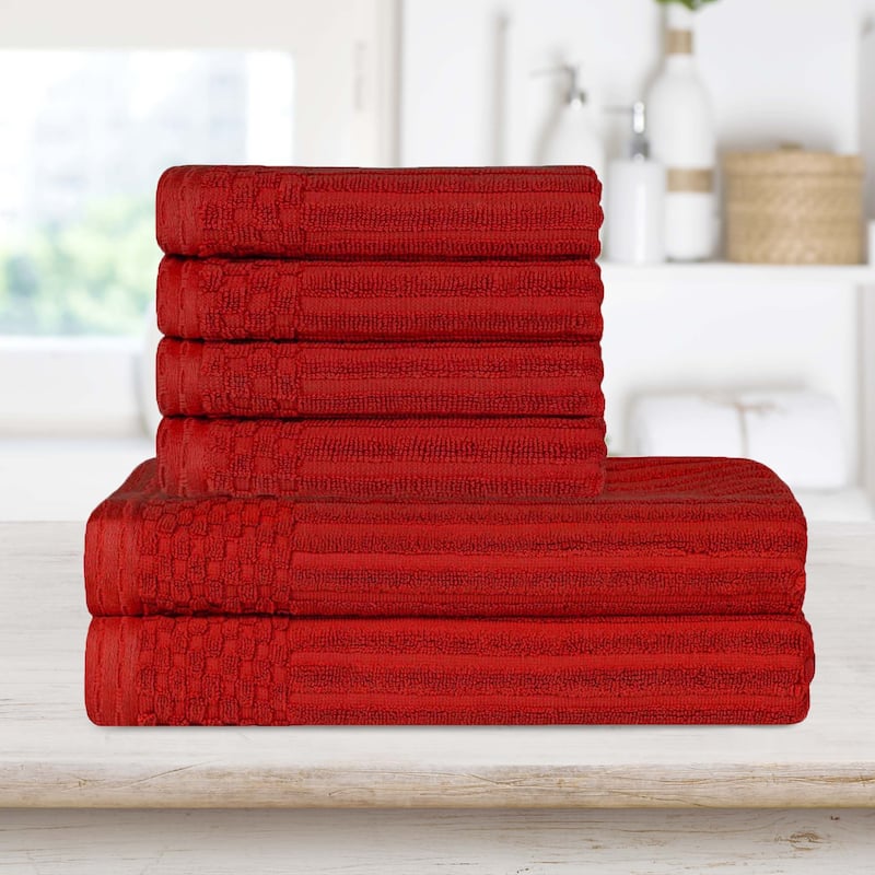 Superior Ribbed Cotton Absorbent Heavyweight Hand Towel and Bath Towel Set - Burgundy